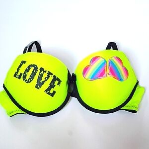 Neon Yellow Bra with Rainbow Heart and Love Print